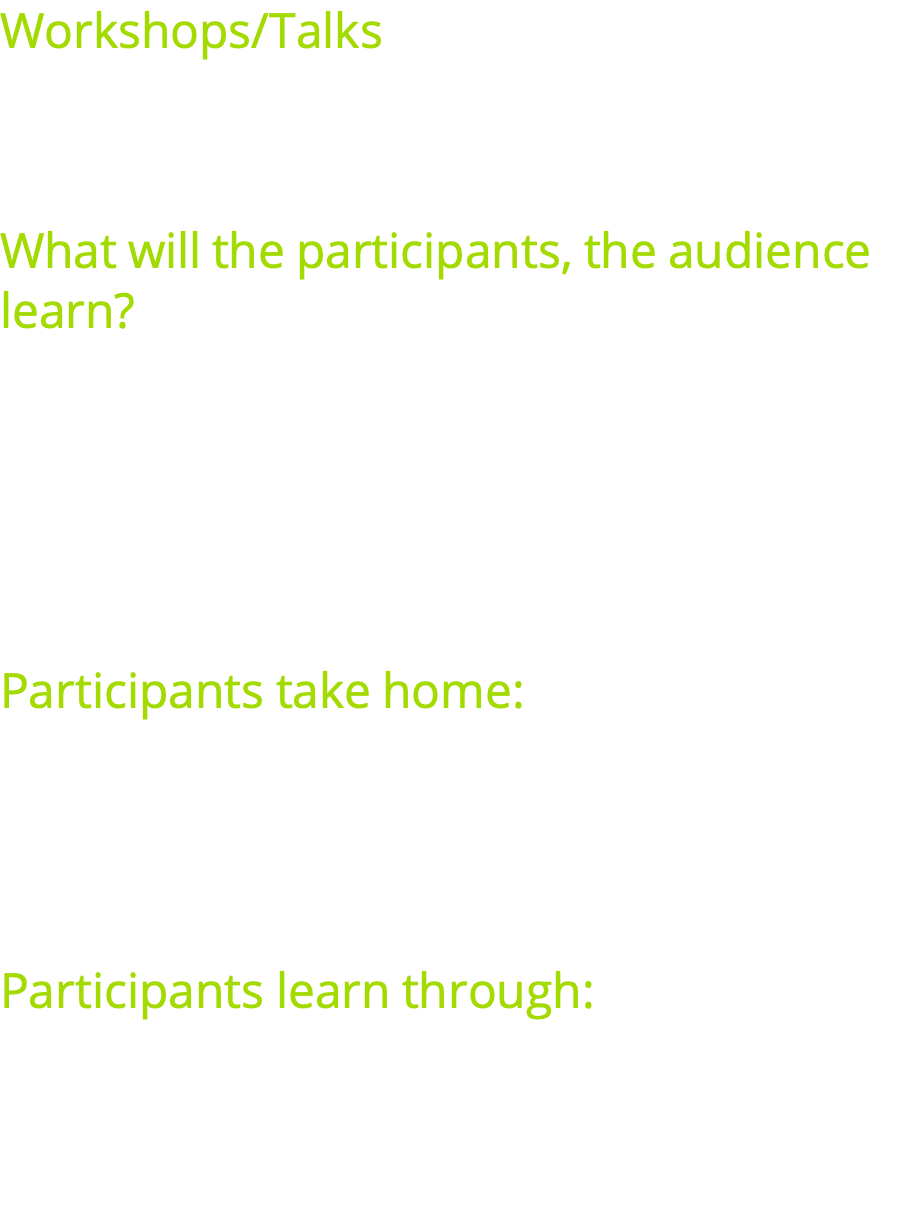 Workshops/Talks The German philosopher Ute Lauterbach presents a surprising success-program for connoisseurs in the art of living. Inspiring, provoking, liberating.  What will the participants, the audience learn? They will be familiarized with Lauterbach’s “Lucidity Scale” which is an instrument that enables everybody to realize within seconds + where changes are necessary + in which direction they must be sought + how to communicate more effectively + where to find happiness and even bliss  Participants take home: An ever at hand instrument for self-understanding and self-liberation concrete solutions for problems a deeper understanding of themselves and others more peace of mind  Participants learn through: Lecture, self-scrutiny, instant experience, the analysis of cases presented by volunteers.  